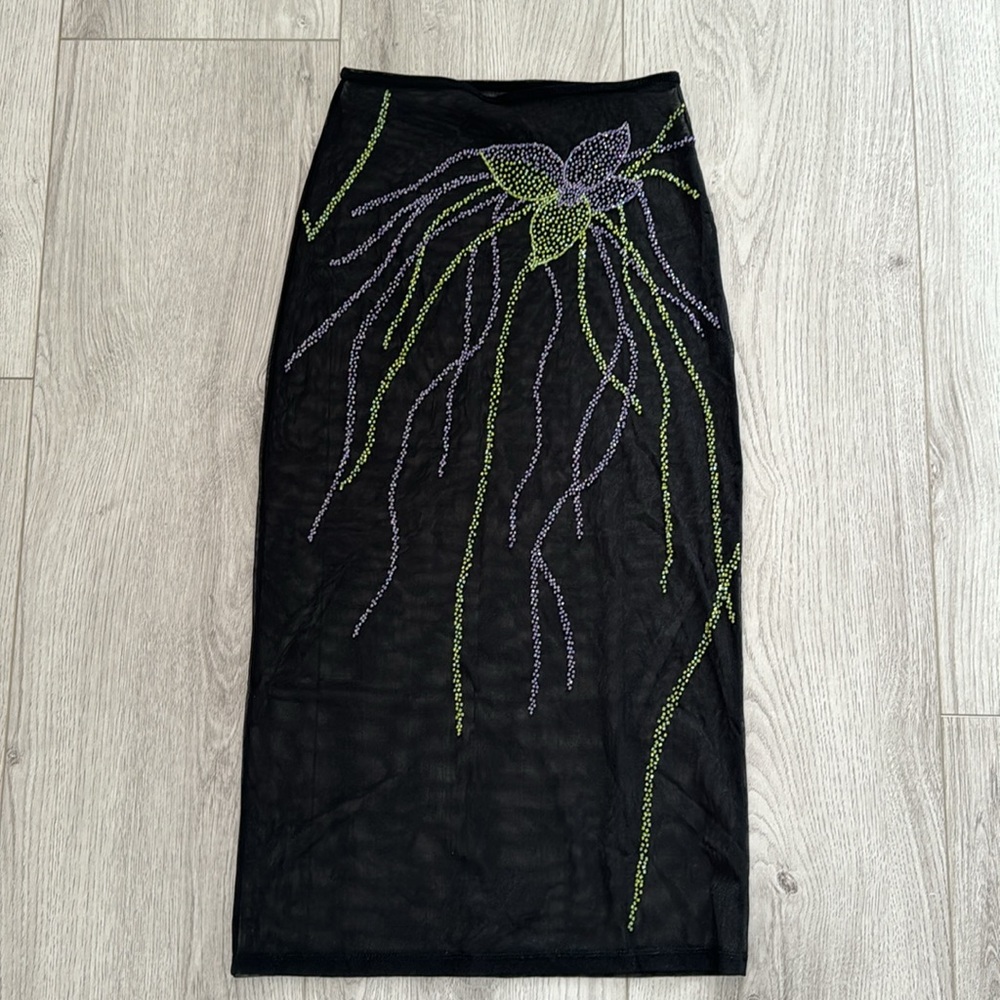 Black stretch and sheer midi skirt with embroidered beads on front size S